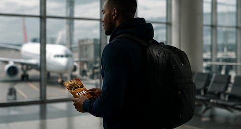 Traveler with a pack of kilishi at the airport
