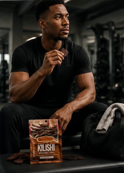 Athlete eating LushMoore kilishi in the gym