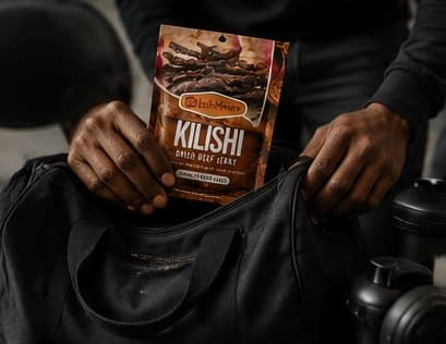 Kilishi pack going into a gym bag