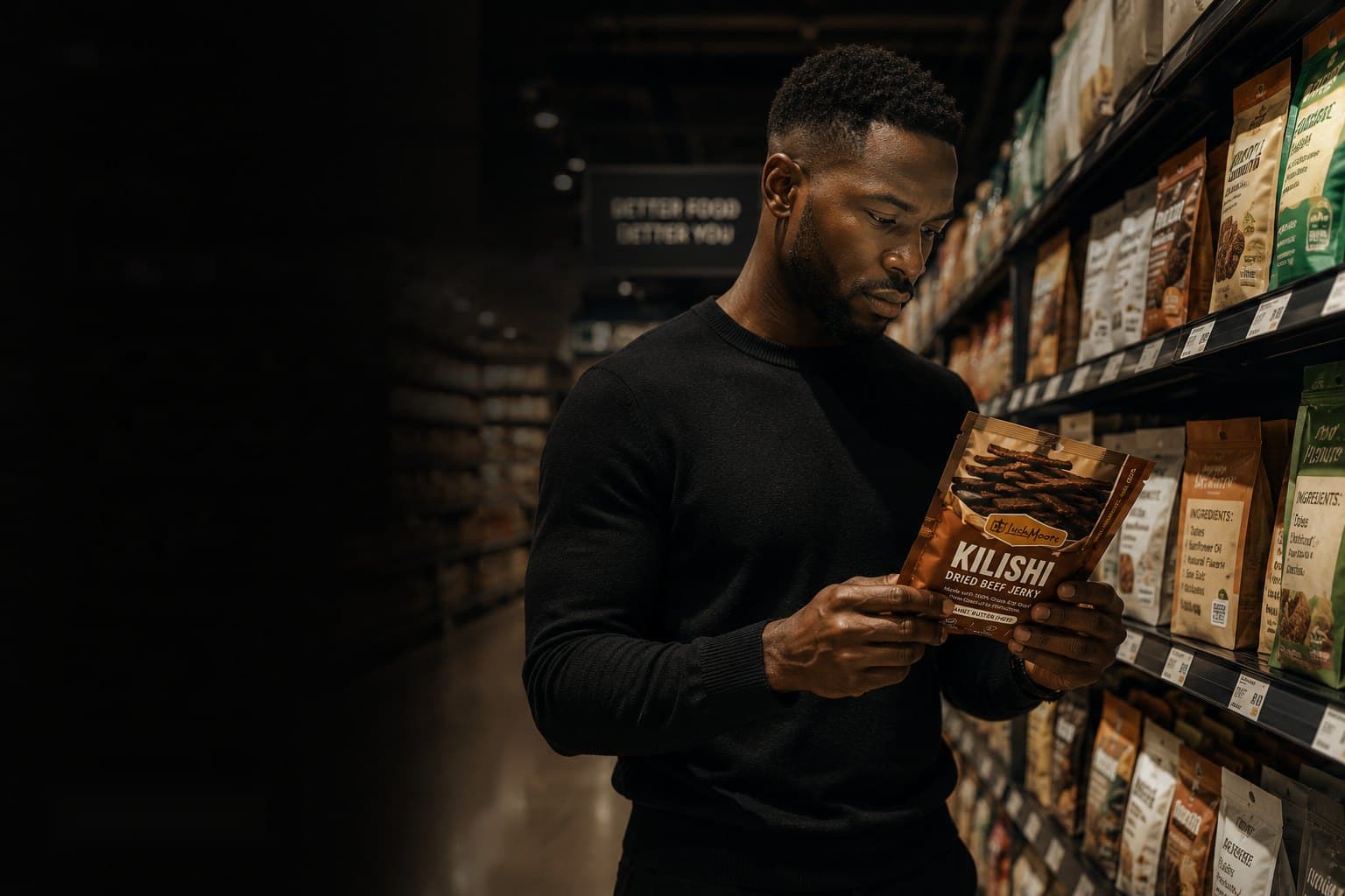 Man reading the label on a LushMoore Kilishi pack in a supermarket aisle