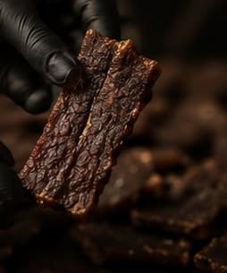 Gloved hand inspecting a jerky strip