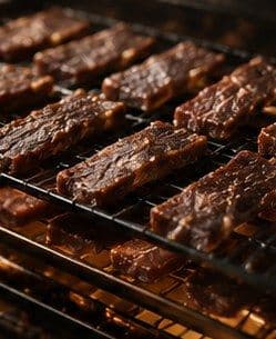 Kilishi strips slow-cooking on racks